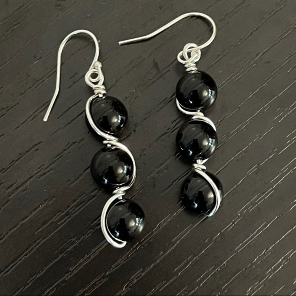 2/$49 Handmade 925 Sterling Silver Onyx Wire Wrap Earrings Minimalist Night Gift